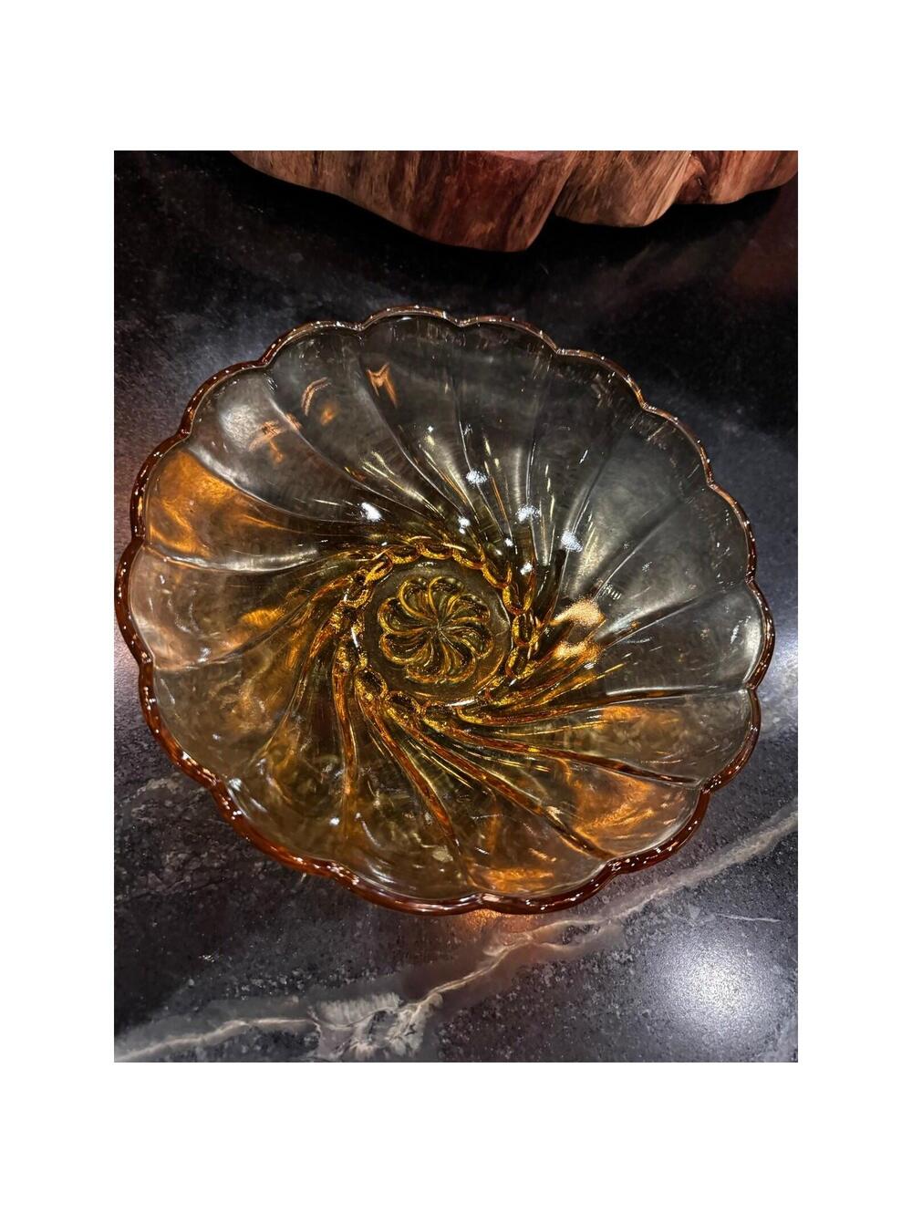 Vintage Hazel Atlas Amber Glass Bowl Capri Colonial Swirl Mid Century Serving 9"